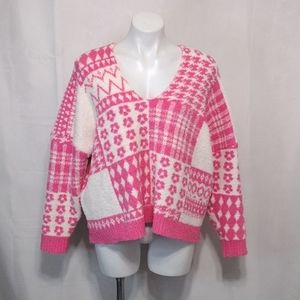 New Pink Lily Terry Cloth Floral Plaid Cropped Pullover Sweatshirt L Cozy Chic